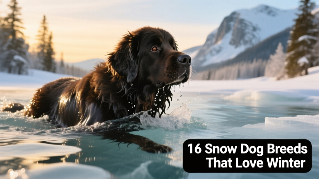 A Newfoundland swimming confidently through icy water, head held high, thick coat glistening
