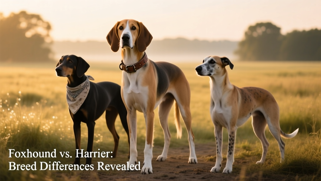 Three hounds standing side by side: an American Foxhound, English Foxhound, and Harrier, showcasing subtle but clear differences in size, structure, and expression