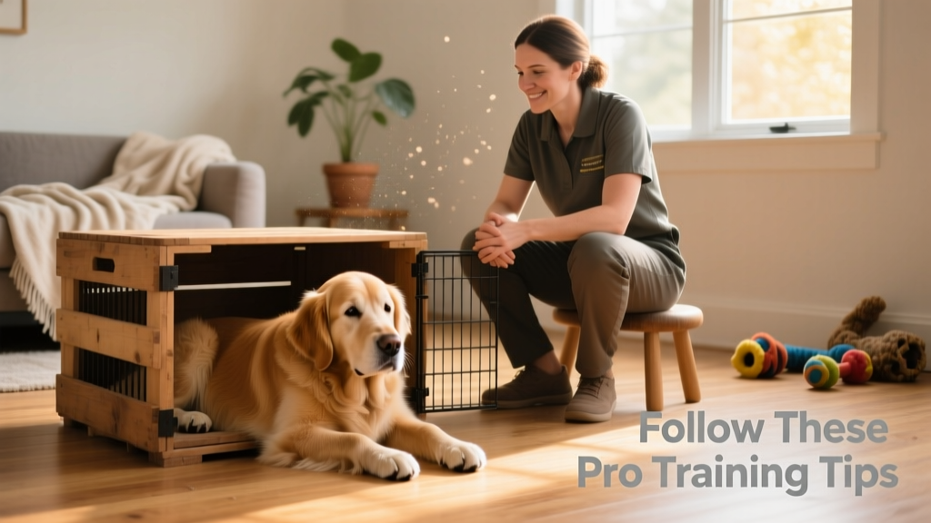 Trainer sitting nearby while senior dog rests peacefully inside an open crate, both relaxed and engaged