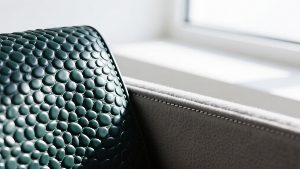 Extreme close-up macro shot of pebbled polyurethane vegan leather texture next to a soft grey microfiber interior lining seam.