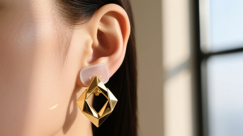 Macro shot of a heavy earring secured on an earlobe using a clear silicone support patch, showing even weight distribution.