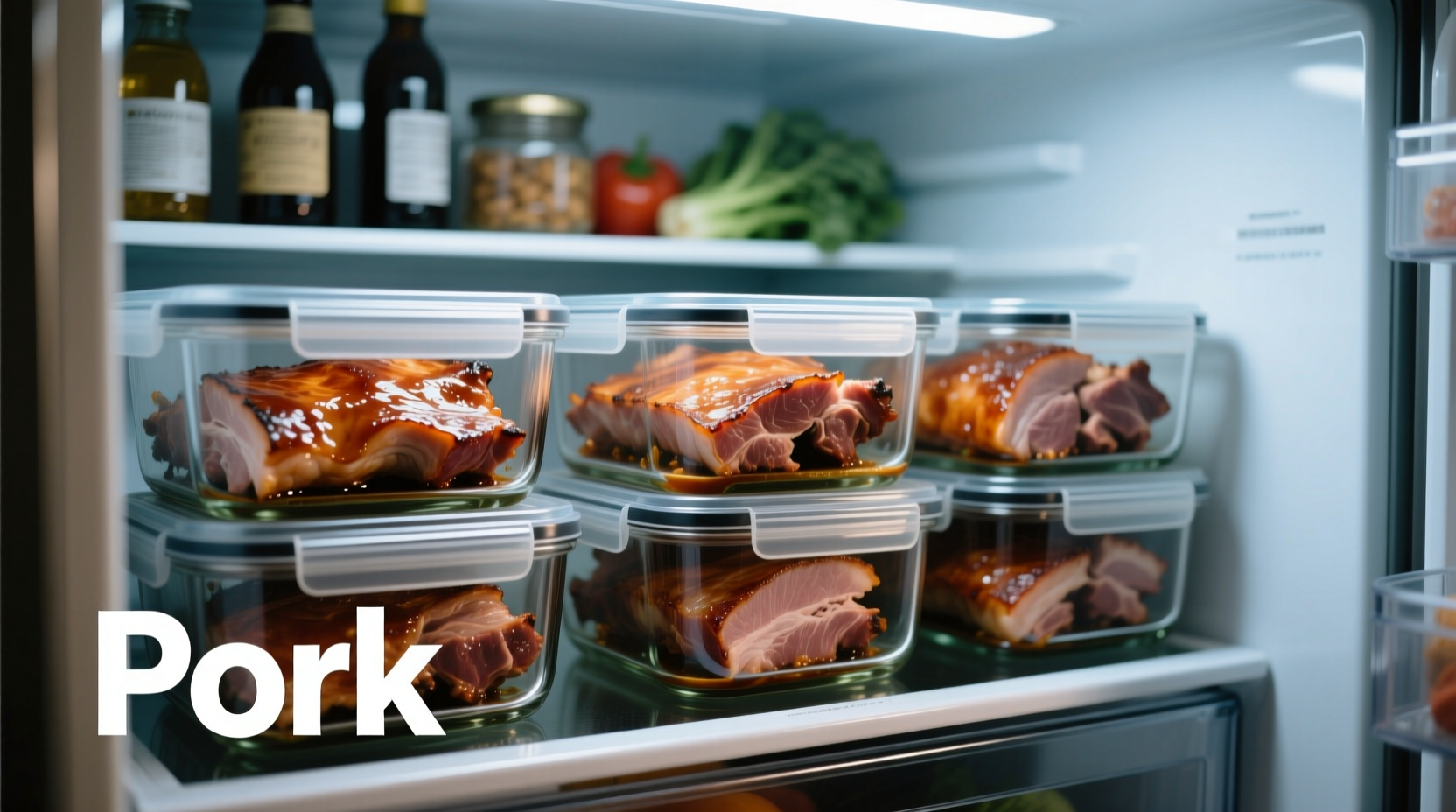 Cooked pork stored in airtight containers in refrigerator