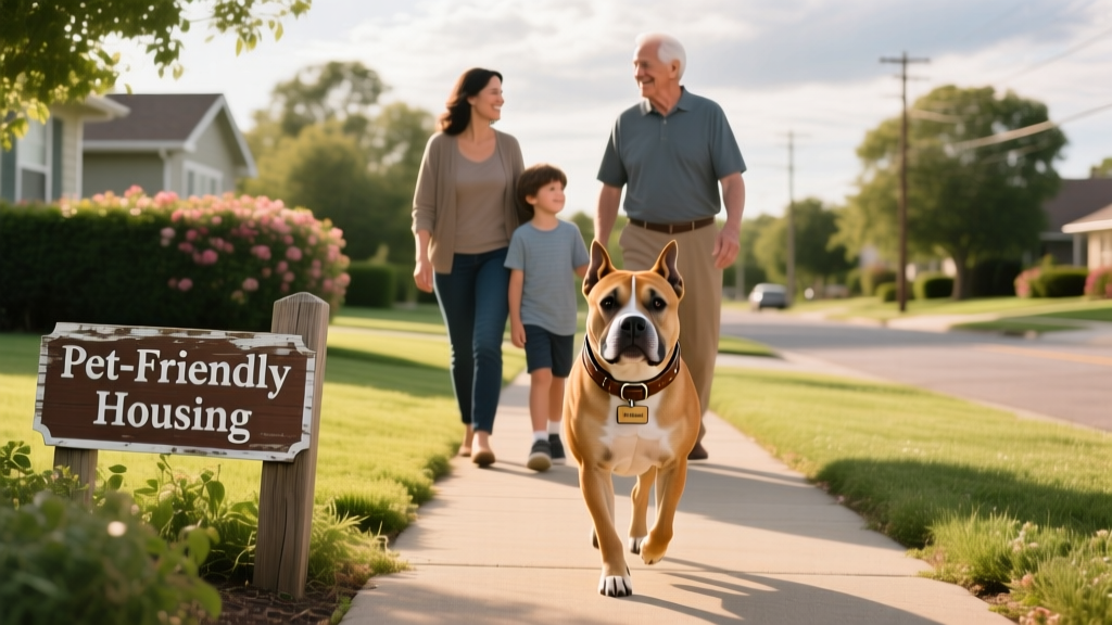 A family walking their American Staffordshire Terrier past a 'Pet-Friendly Housing' sign