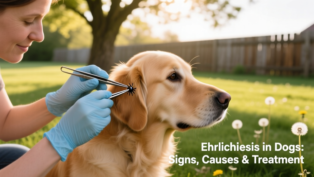 Dog owner safely removing a tick with tweezers while wearing gloves