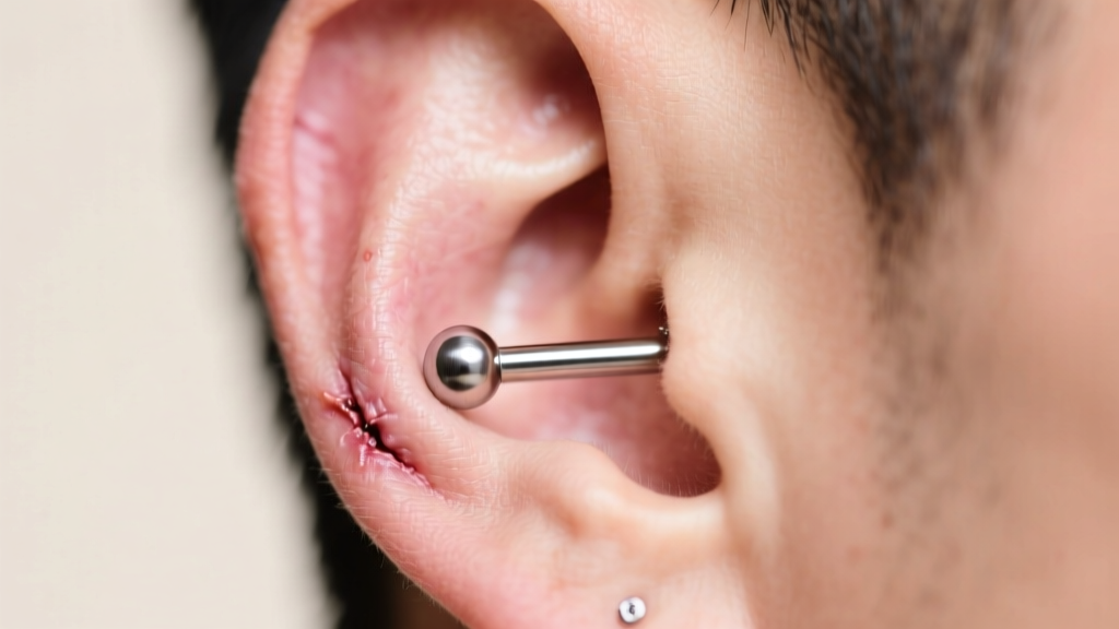 Macro shot of a healed male earlobe piercing showing a 16-gauge titanium barbell, highlighting healthy tissue and perfect fit