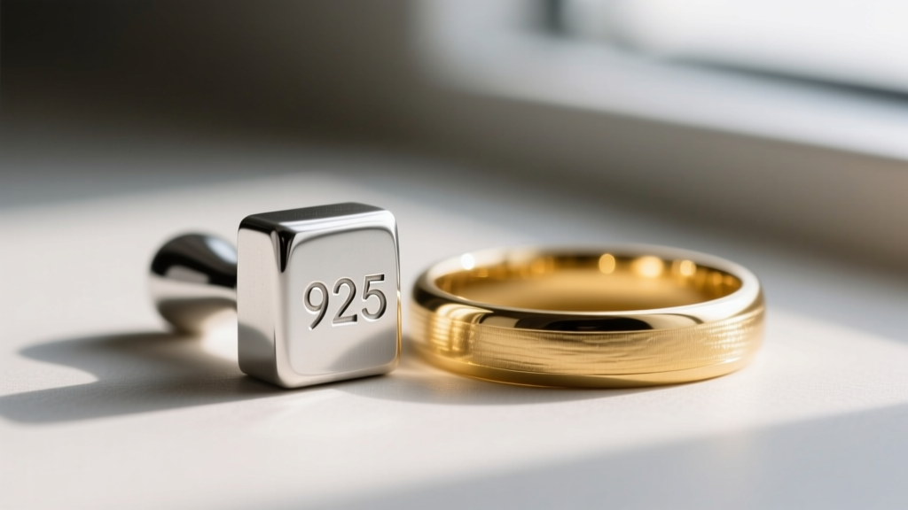 Macro shot of a 925 sterling silver stamp next to a gold vermeil band, highlighting the contrast and quality hallmark detail.