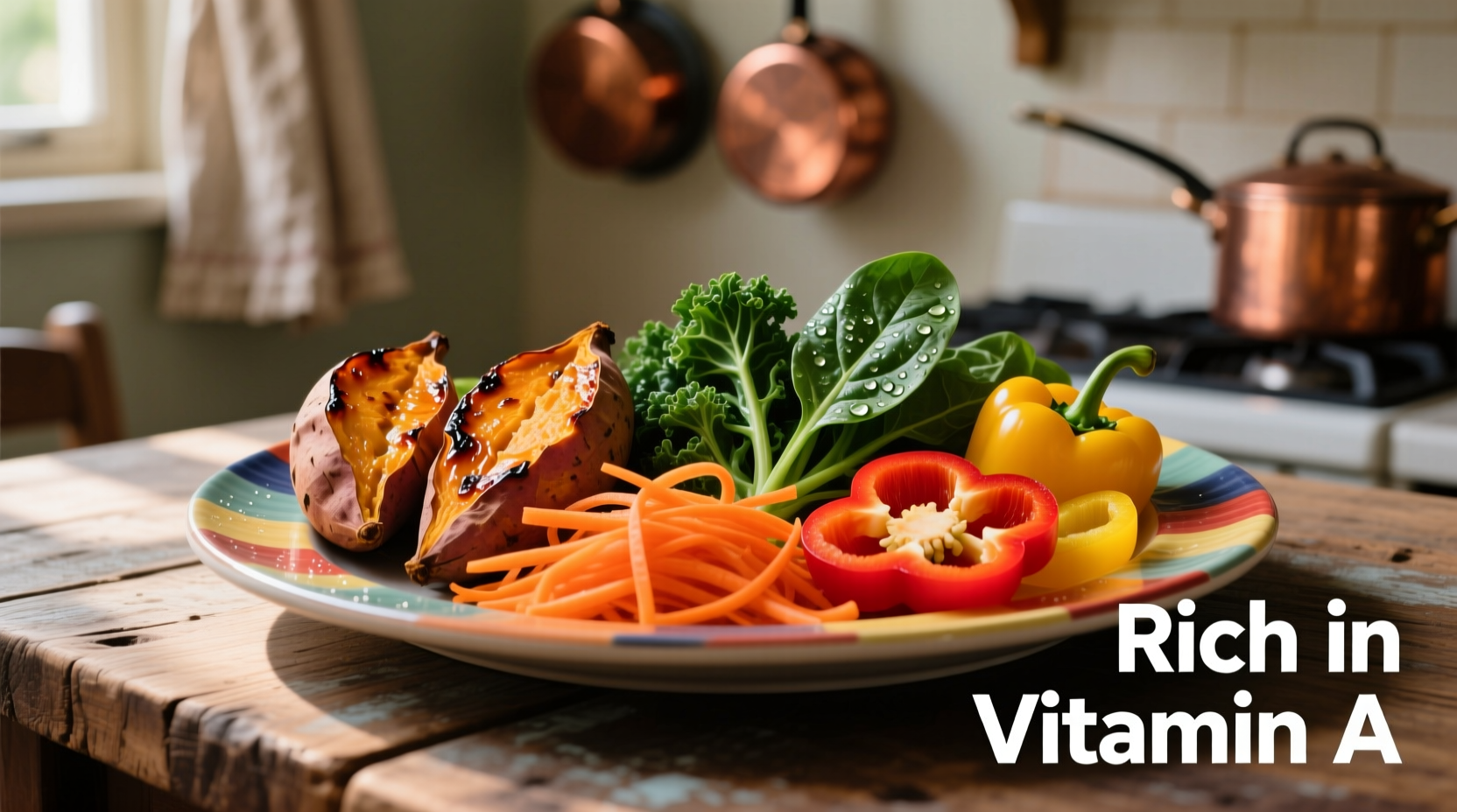 Colorful plate of vitamin A rich foods including sweet potatoes and leafy greens