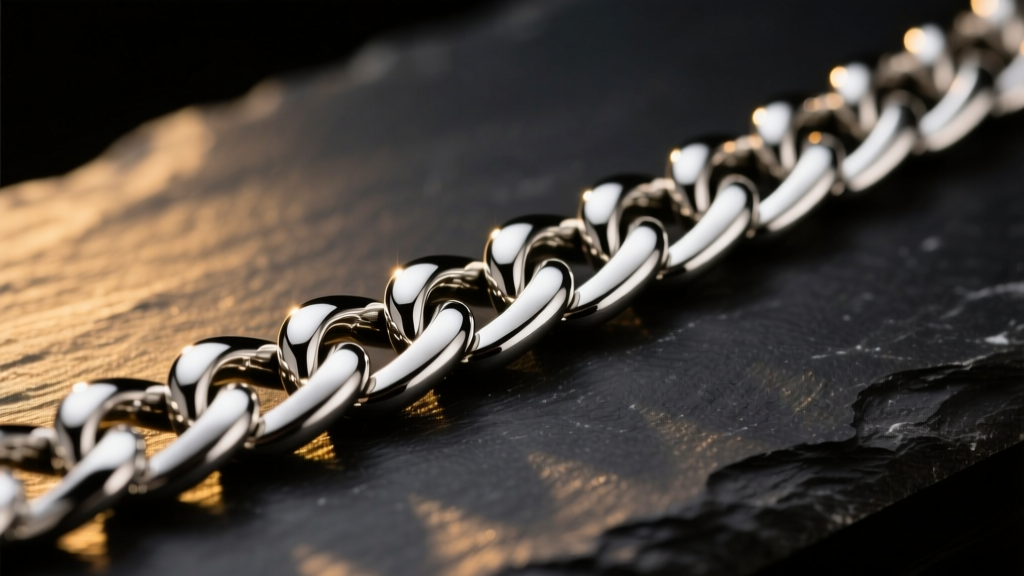 Macro shot of a polished 316L stainless steel Cuban link chain resting on a dark slate surface, reflecting warm studio lighting.