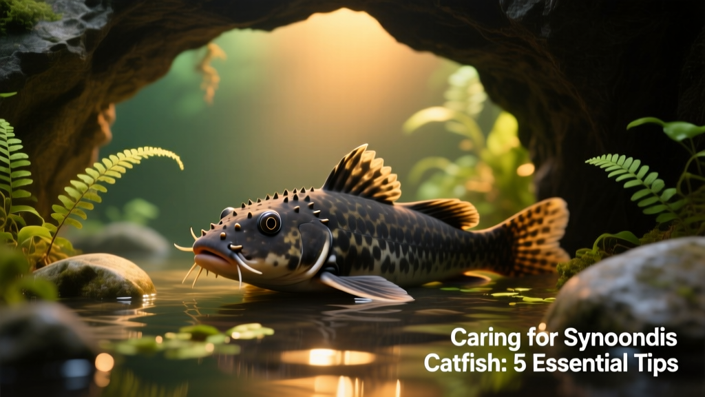 A synodontis catfish resting near a rock cave in a well-planted freshwater aquarium