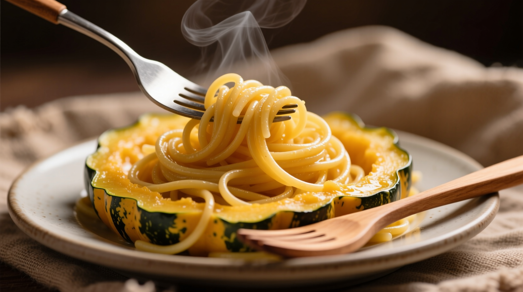 Perfectly cooked spaghetti squash strands separated with fork
