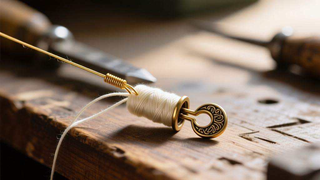 Macro shot of size F silk thread passing through 0.5mm gold French wire and a vintage brass clasp on a wooden workbench.