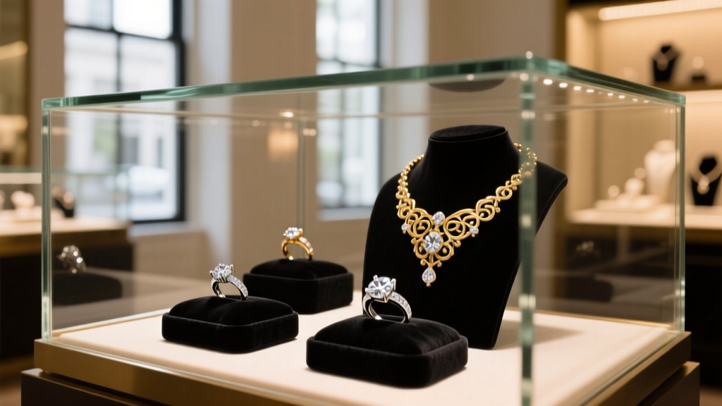 Glass display case in a warm fine jewelry boutique featuring diamond engagement rings and gold estate necklaces on dark velvet pads