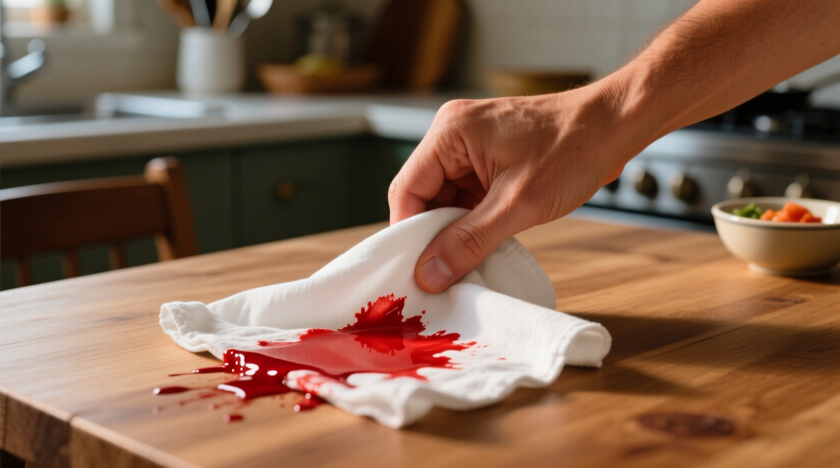 Hand holding white cloth blotting red food coloring stain