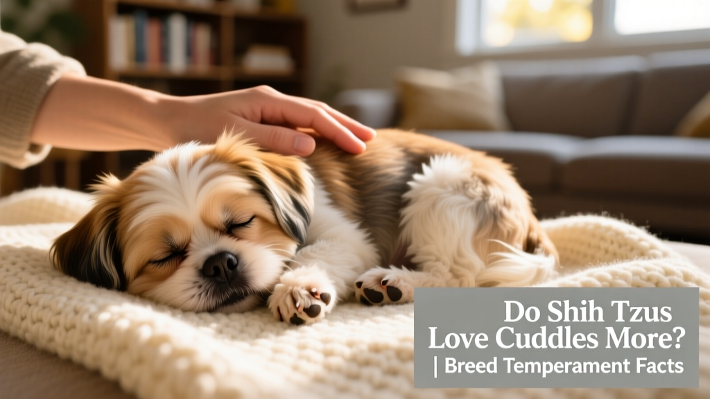 A Shih Tzu curled up comfortably on a soft blanket beside its owner's hand