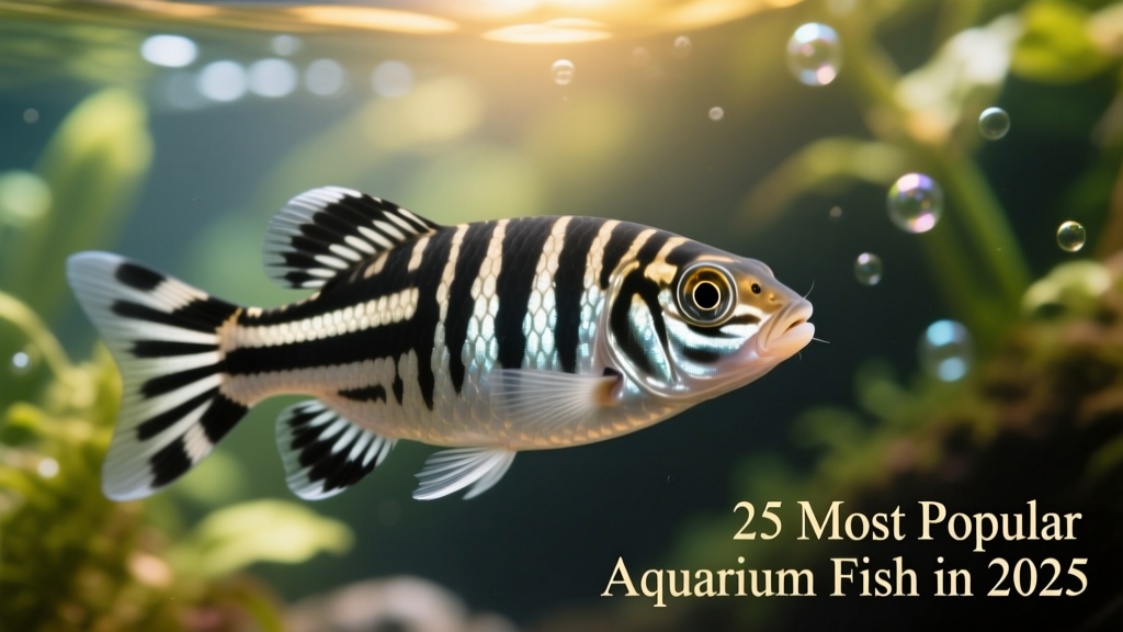 Close-up portrait of a zebra danio showing its bold horizontal stripes and alert, curious expression against a softly blurred aquascape background