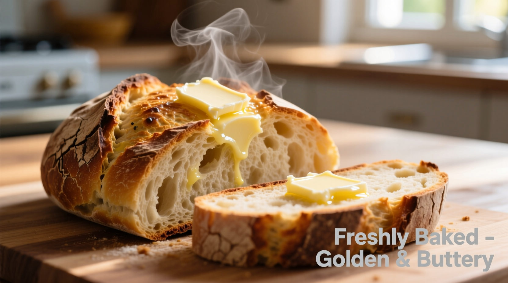 Golden brown sourdough garlic bread with melted butter