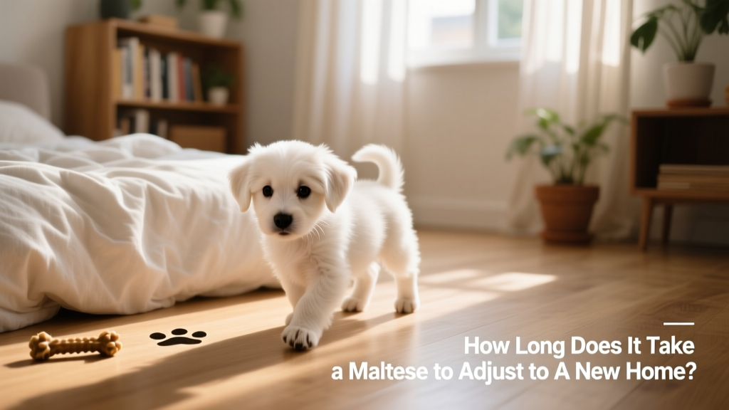 A calm Maltese puppy exploring a sunlit living room with a soft bed nearby