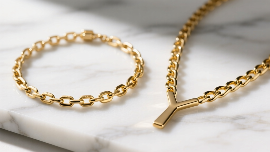 Side-by-side comparison of a mass-market gold-plated lariat necklace and a solid 14k gold-filled Y-chain on a marble surface.