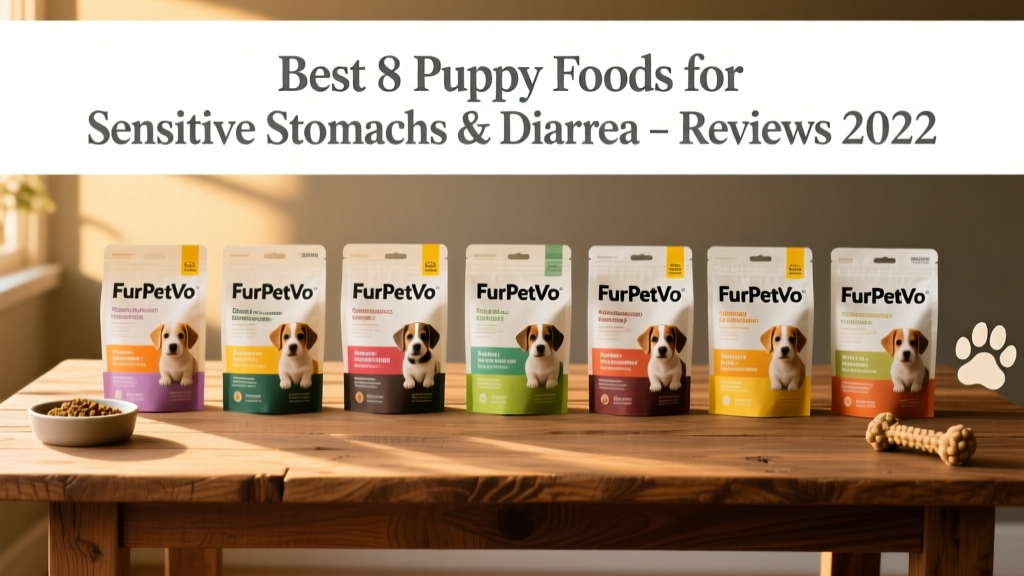 Side-by-side comparison of eight FurPetVo puppy food packages arranged neatly on a wooden table