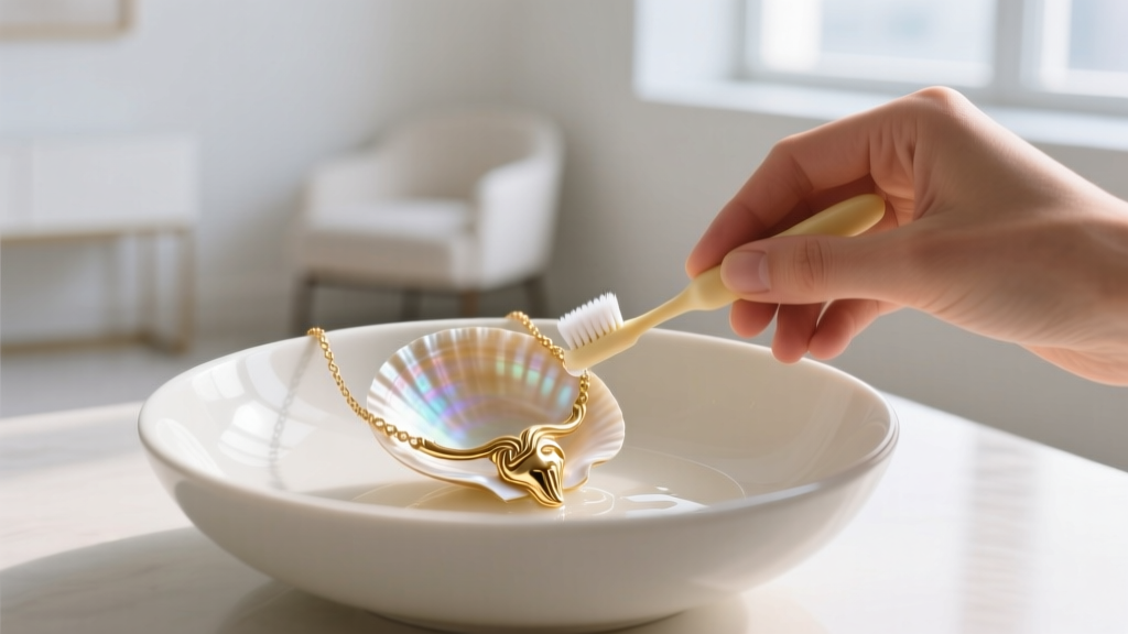 Hands cleaning a gold Venus shell necklace with a soft baby toothbrush and mild soapy water inside a small white ceramic bowl.
