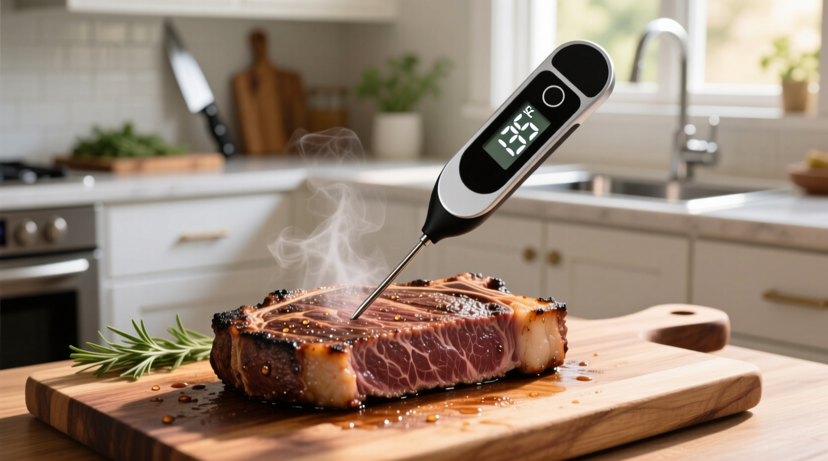 Digital thermometer measuring steak temperature in kitchen