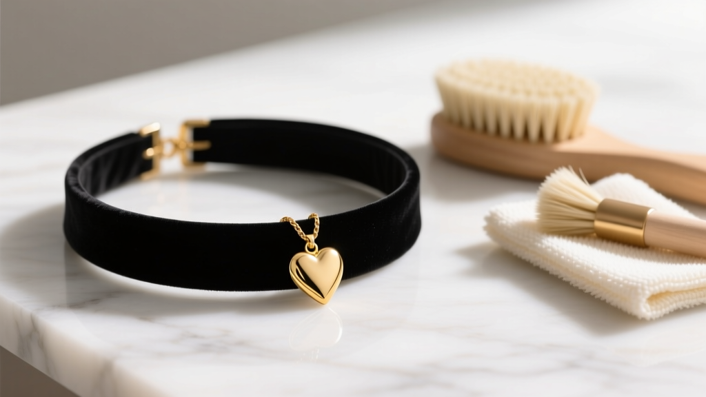 Black velvet choker heart necklace with a gold vermeil pendant on white marble beside soft cleaning brushes and polishing cloths.