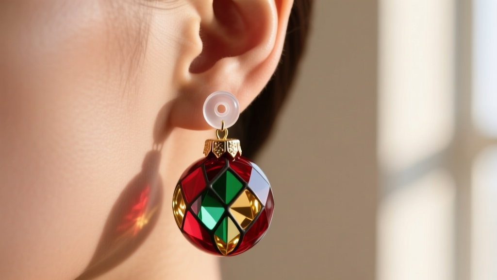 Close-up of an earlobe wearing a heavy glass Christmas ornament earring supported by a clear silicone earring patch.