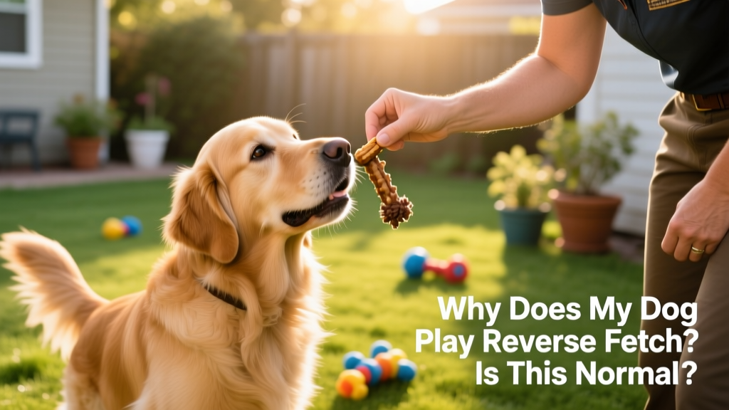 A trainer calmly rewarding a dog with a treat after it releases a toy on cue