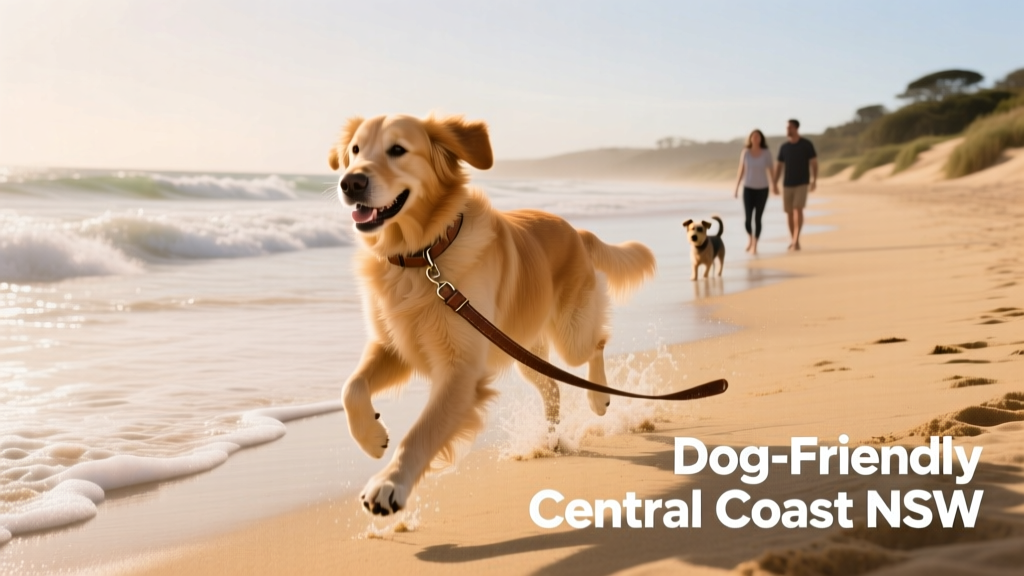 A dog runs along Umina Beach