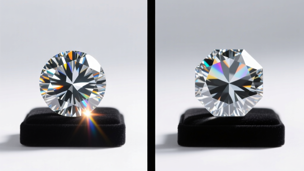 Optical diagram comparing light return and fire dispersion of a natural diamond versus a high-grade cubic zirconia gemstone.