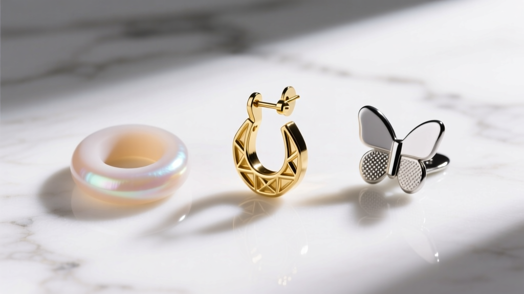 Flat lay of three earring backings on white marble: a silicone O-ring, a gold omega clip, and a standard butterfly friction back.