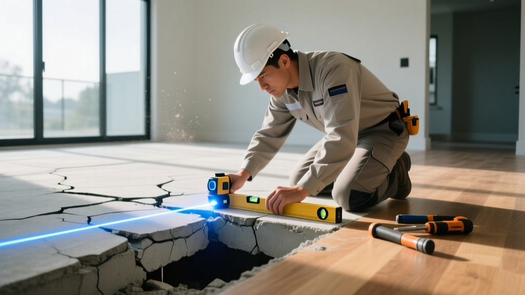 Structural engineer using a laser level to measure floor deflection on a cracked concrete slab foundation inside a modern residential home