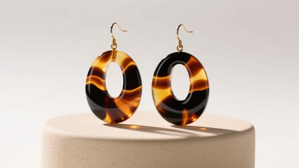 Vibrant bio-acetate large dangle earrings in translucent tortoiseshell on a minimalist beige ceramic pedestal under bright light.