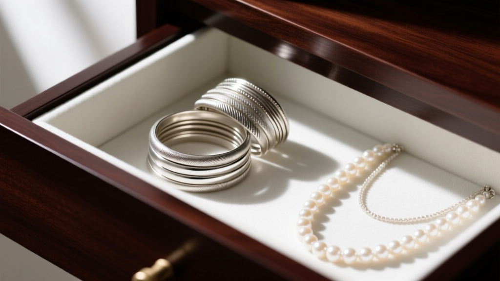 White anti-tarnish strip inside a deep mahogany jewelry armoire drawer beside stacked silver bangles and delicate pearl necklaces