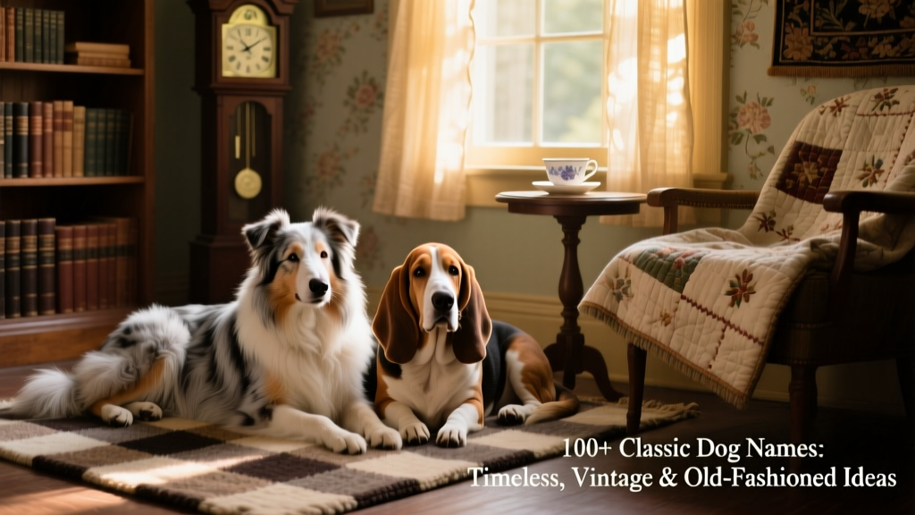 A cozy home scene with two senior dogs—a collie and a basset hound—resting peacefully on a checked rug beside a window with soft light