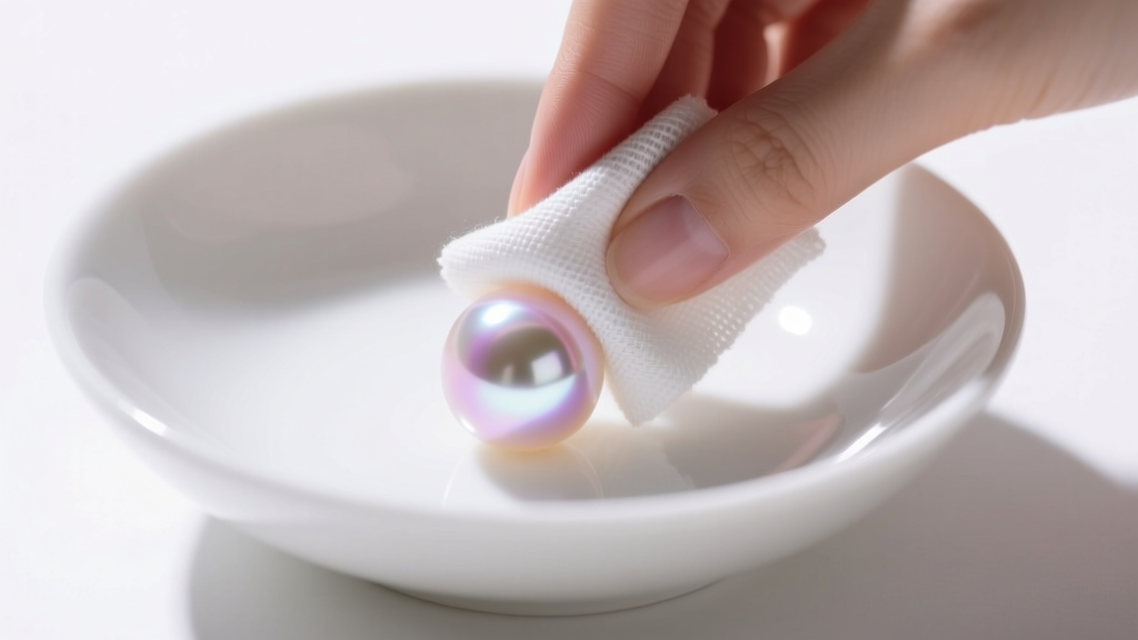 Hands gently wiping a single Akoya pearl with a damp microfiber cloth over a white ceramic bowl, bright natural daylight setting