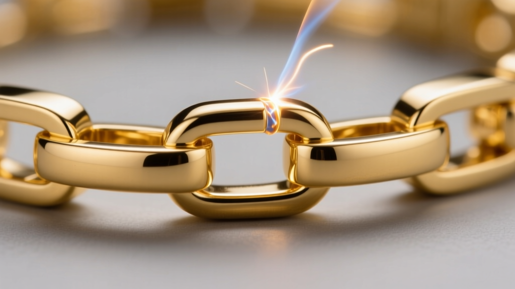 Macro shot of a freshly welded 14k yellow gold permanent bracelet link showing a clean pulse arc weld joint without any oxidation