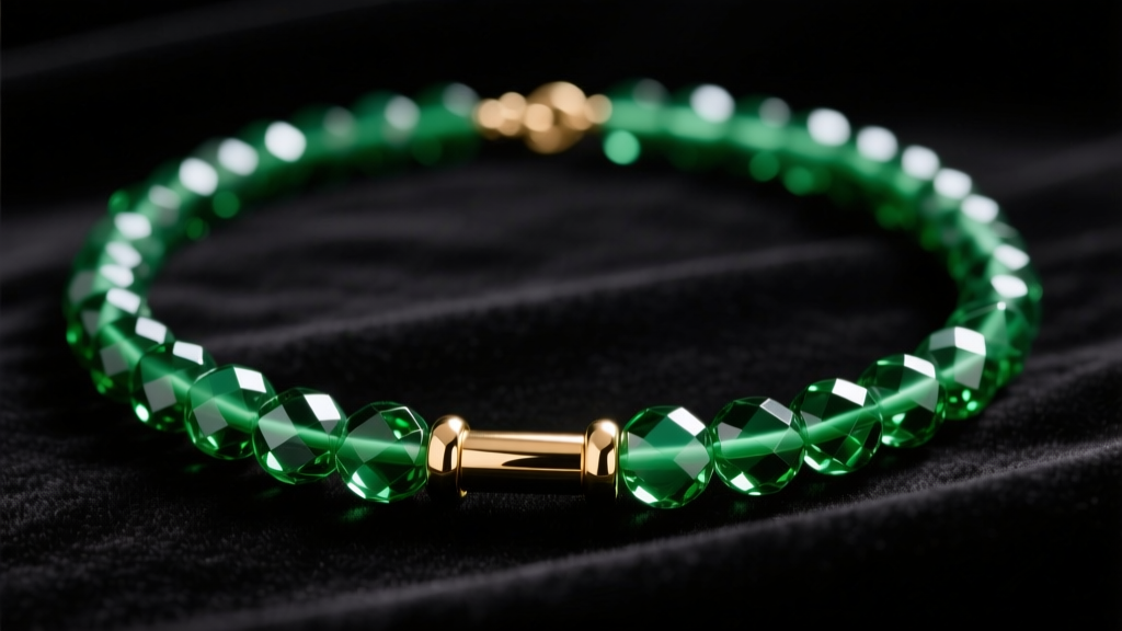Vintage green glass bead necklace on black velvet, displaying faceted beads and a brass barrel clasp under soft light.