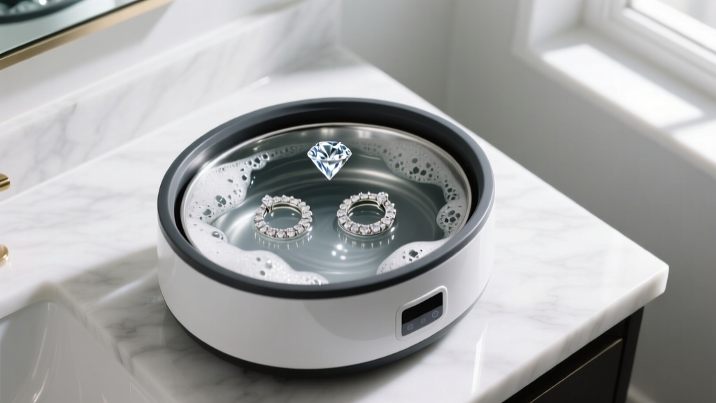 Top-down view of an ultrasonic cleaner vibrating in soapy water, cleaning diamond huggie hoops on a bright marble bathroom counter.
