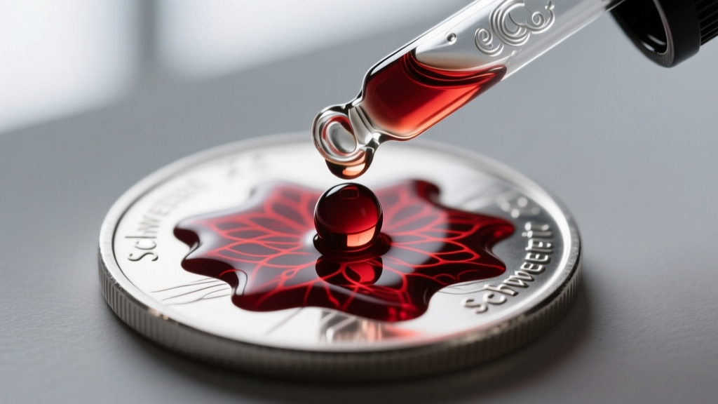 Macro photography of a glass dropper applying Schwerter acid solution to a silver coin, showing a dark red color reaction