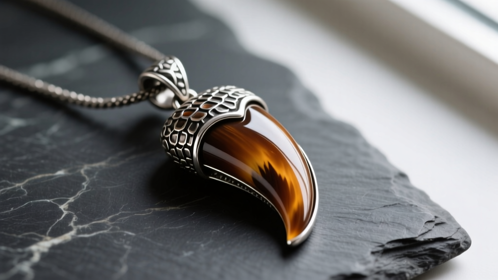 Close-up of a polished, ethically sourced alligator tooth pendant capped in oxidized sterling silver, resting on dark slate.