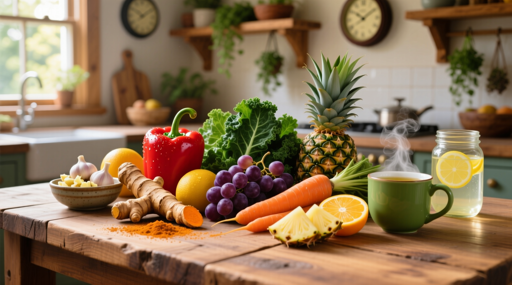 Colorful metabolism-boosting foods on wooden table