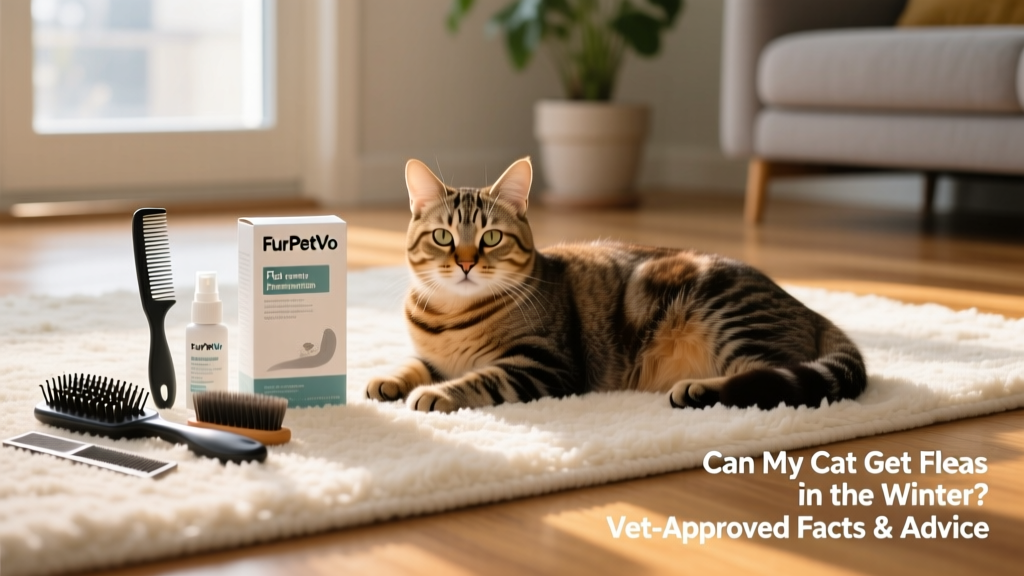 Cat resting calmly on a clean, freshly vacuumed rug beside a FurPetVo flea prevention product box and grooming tools