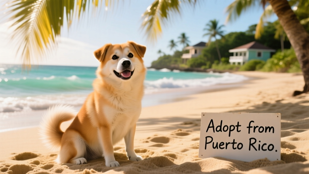 A friendly Sato dog sitting on a sun-dappled beach in Puerto Rico, tail wagging