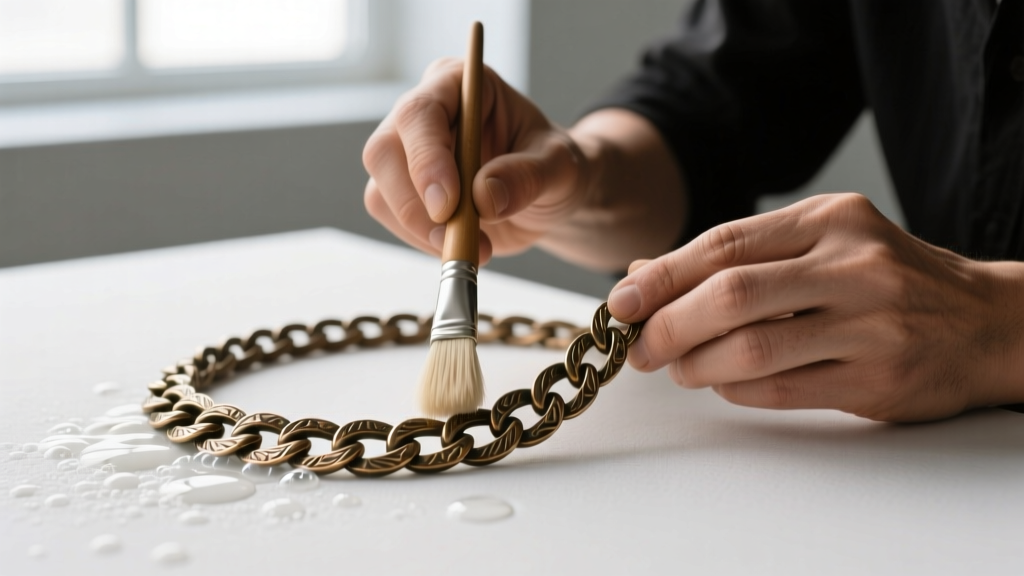 Jeweler using a soft bristle brush and mild soap to clean deep textured grooves of an artisan hand-chiseled bronze chain necklace