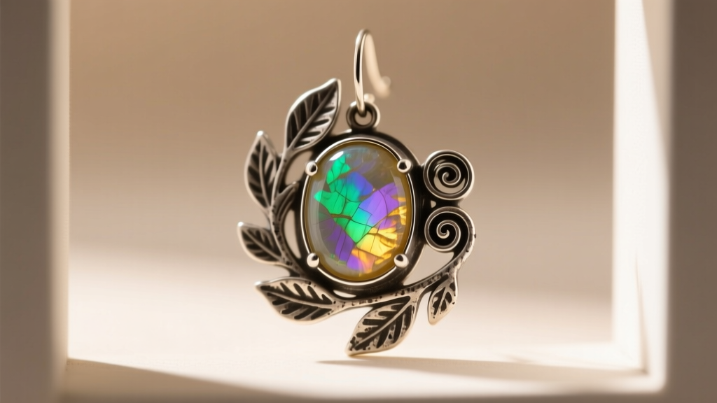 Close-up of a bohemian Wylders earring with raw rainbow moonstone set in oxidized recycled sterling silver and leaf motifs