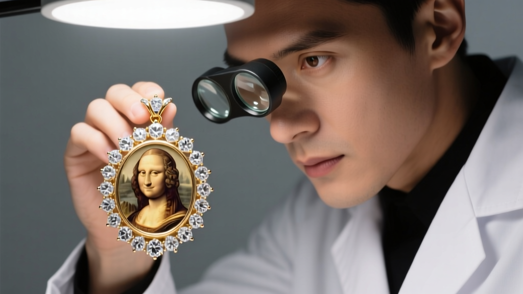 Jeweler using a 10x loupe to inspect prong settings on a heavy diamond-encrusted portrait pendant under bright LED light