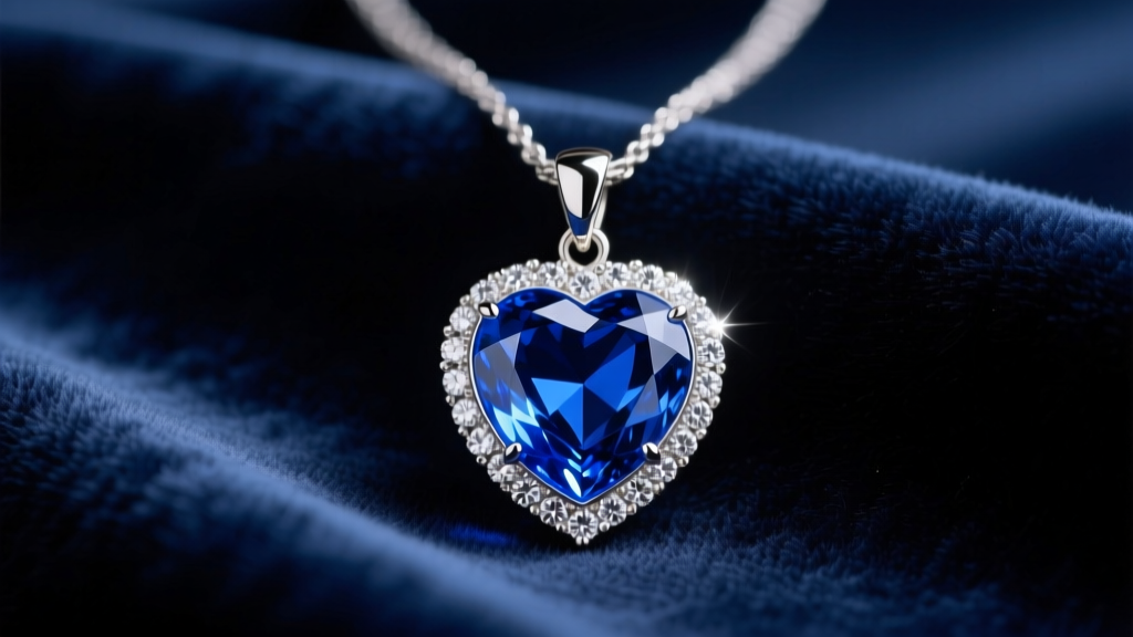 Heart-shaped blue sapphire pendant with diamond halo on dark velvet, showing the iconic Titanic necklace aesthetic in soft light