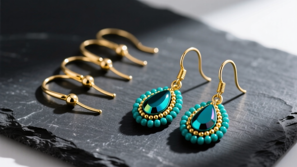 Flat lay of 20-gauge gold leverback ear wires next to finished teal and gold seed bead dangle earrings on a dark slate background.