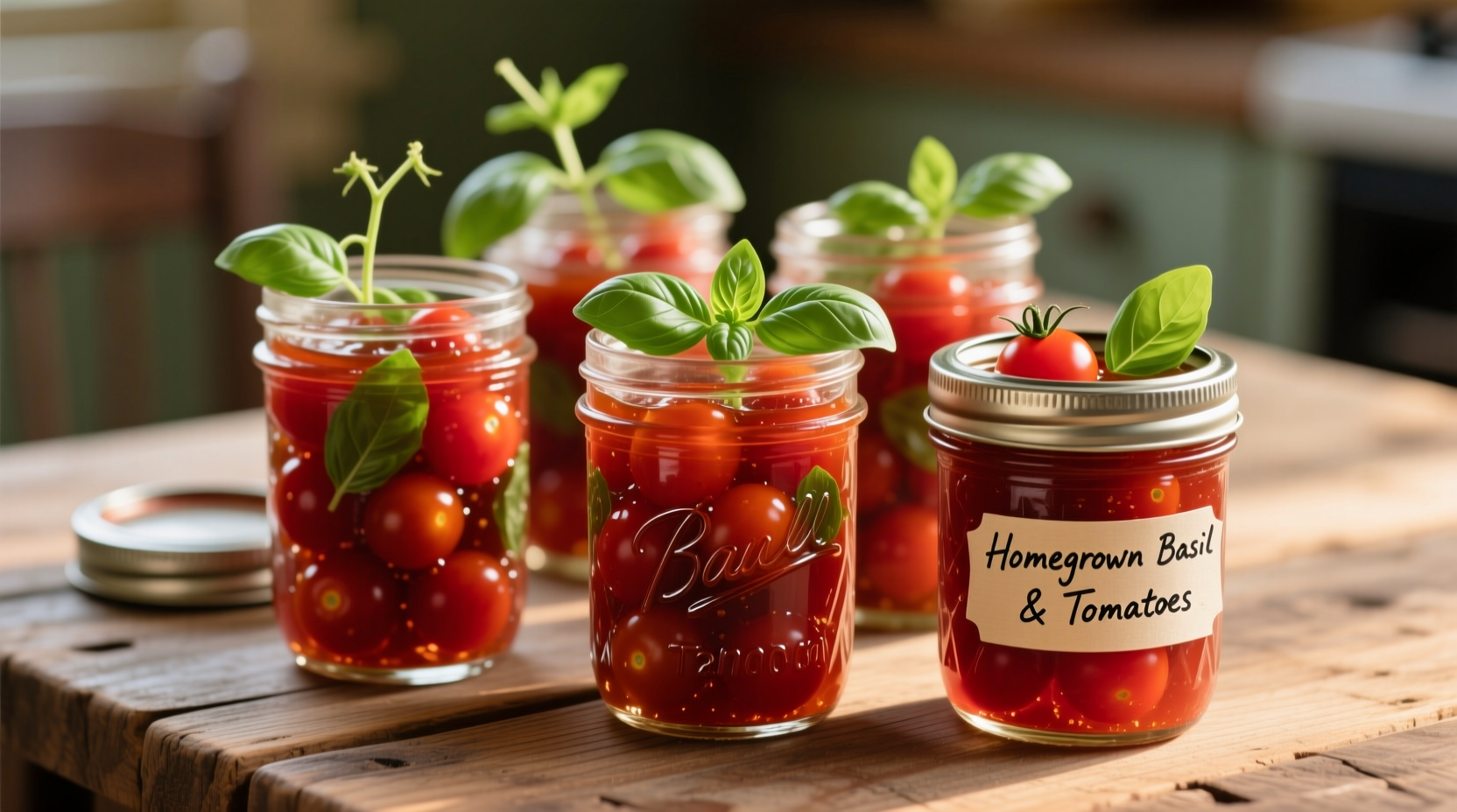 Cherry tomato jam in mason jars with fresh basil